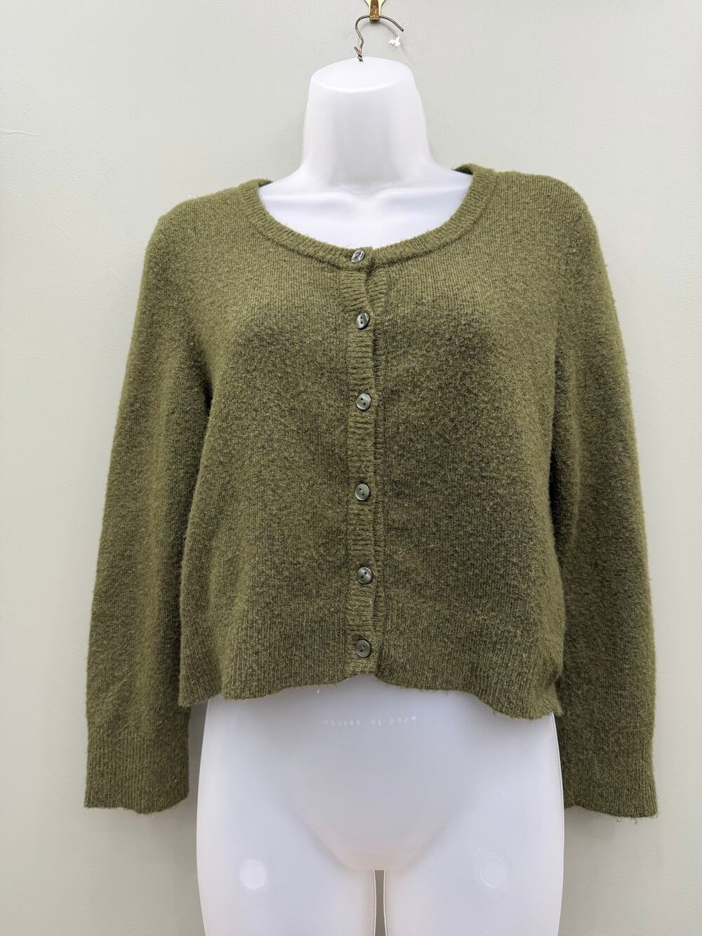 Aerie Cropped Cardigan M Olive Green Plush Alpaca Wool Blend Soft Button Front